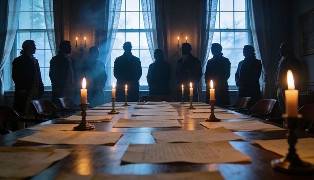Candlelit revolutionary delegates standing around long table with handwritten papers