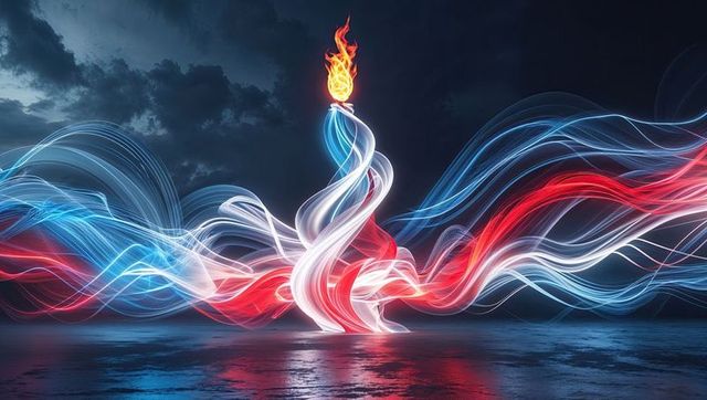 Futuristic Glowing Torch with Spiraling Light Ribbons in Stormy Sky