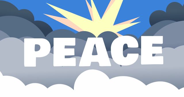 Illustration of peace text against gray clouds in sky, copy space. Vector, international day of peace, avoid war and violence, celebration, hope, kindness, support.