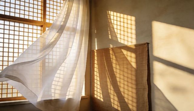 Sheer curtain billowing with warm sunlight and lattice grid shadows in minimalist interior