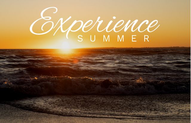 Idyllic sunset over calm ocean waves capturing warmth of summer. Great for travel advertisements, summer campaigns, promotional materials, inspiring quotes, relaxation-themed content, background images, and summer event posters.