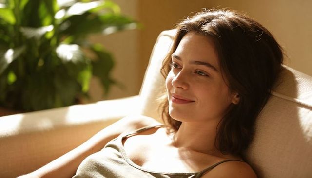 Young woman reclining on sofa basking in warm sunlight, relaxed home lifestyle wellness