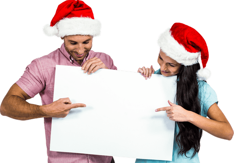 Festive Couple Holding Blank Transparent Sign in Santa Hats
