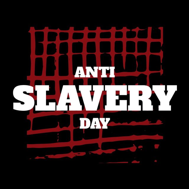 Powerful anti slavery illustration featuring bold text with red prison door on dark black backdrop. Ideal for use in campaigns, educational materials, posters against human trafficking, modern slavery, and other social awareness initiatives.