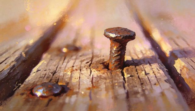 Rusty screw protruding from weathered dock plank with rust patina and wood grain detail