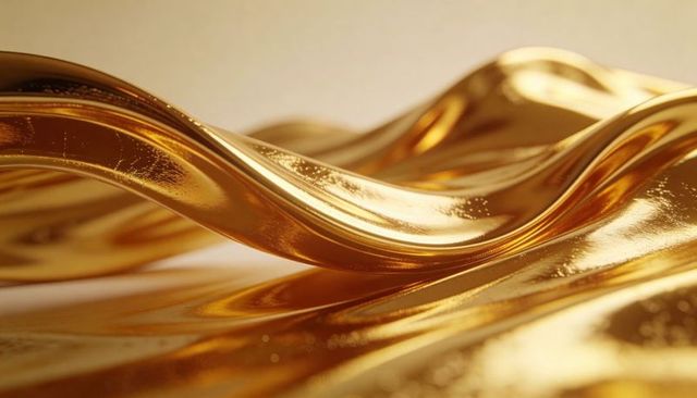 Golden liquid wave flowing with glossy metallic sheen and microbubble texture
