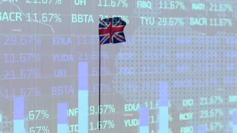United Kingdom Flag with Financial Data Overlay