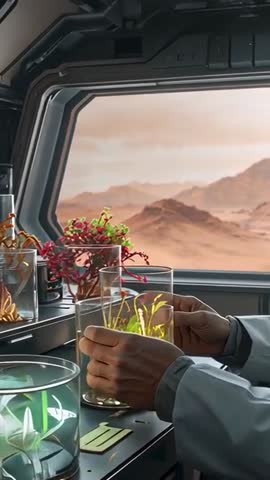 Scientist Inspecting Rotating Terrarium with Bioluminescent Plants aboard Spacecraft Window