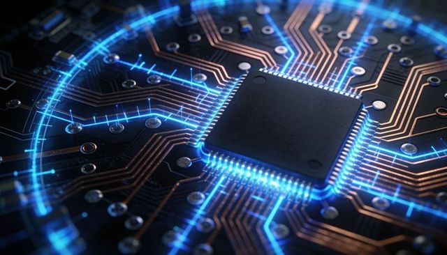 Glowing microchip with neon blue circuit halo on high-tech copper printed circuit board
