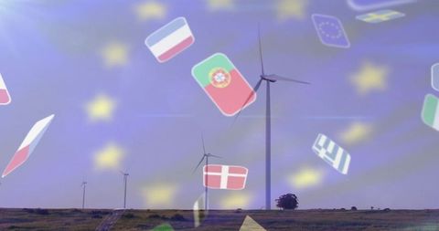 Wind turbines with european union flags symbolize renewable energy