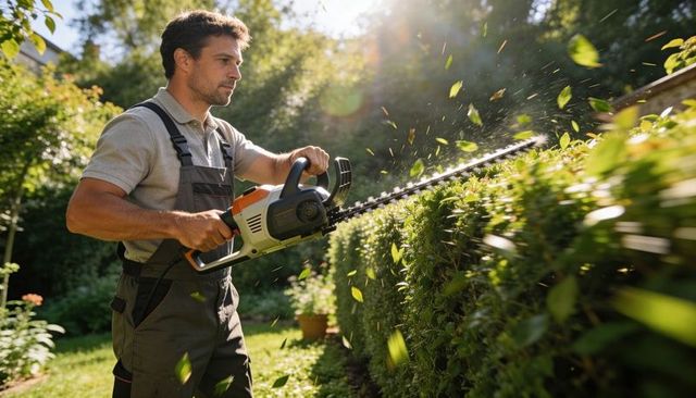 Gardener trimming sunlit hedge with electric trimmer, flying leaves, backyard maintenance