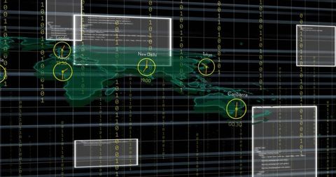 Displaying global cyber dashboard with time zone clocks, binary code grid and world map