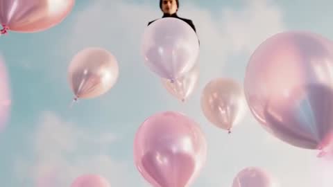 Floating Man with Balloons in Sky, Symbol of Optimism and Celebration
