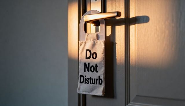 Do not disturb door hanger casting warm sunset light on hotel door handle