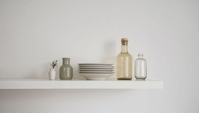 Displaying minimalist ceramic vases, stacked plates and amber glass bottle on white shelf