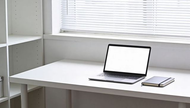 Minimalist home office desk with open laptop and notebook by window bright workspace