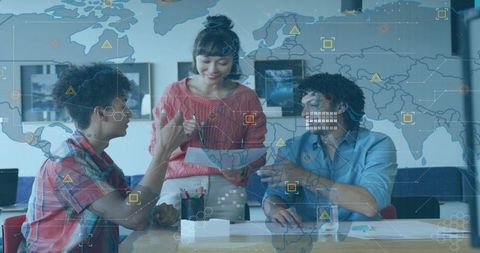 Leading Woman Guiding Team with Global Data Visualization and Collaborative Planning