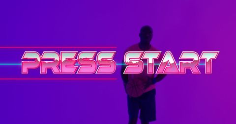 Neon press start with basketball athlete in background