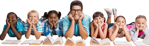 Transparent Group of Diverse Students and Teacher Lying with Books