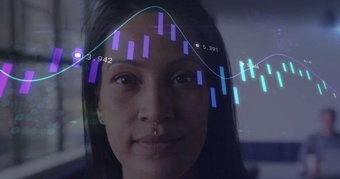 Businesswoman analyzing digital data visualization interface