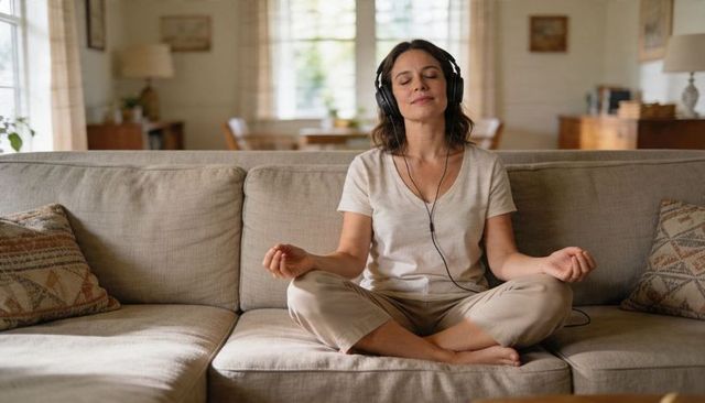 Woman meditating cross-legged on couch with headphones calm mindfulness moment