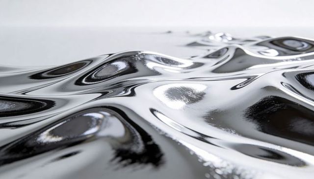 Liquid chrome waves: reflective metallic surface with shimmering ripples and highlights