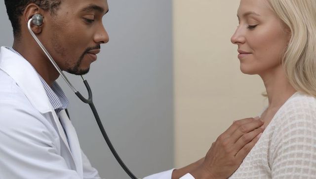 Doctor listening to patient heartbeat with stethoscope during clinical examination