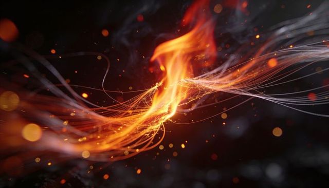 Abstract flame ribbon weaving through dark void, emitting sparks and luminous filaments