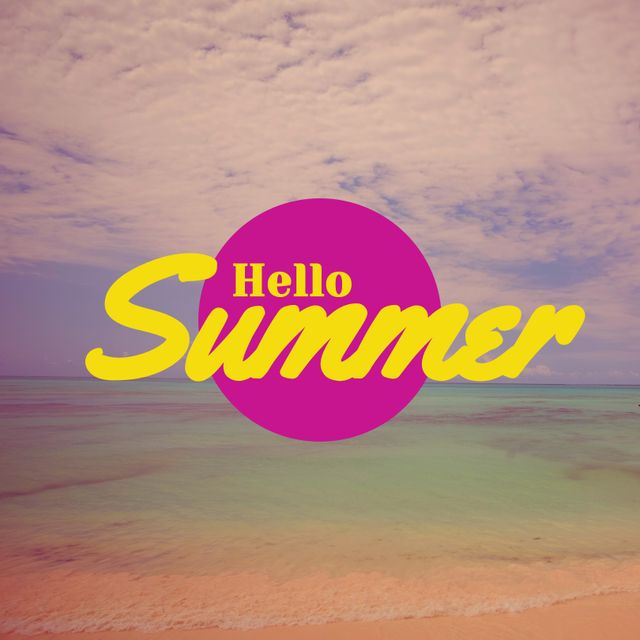 Hello Summer Text Overlay on Tropical Seascape at Sunset - Download Free Stock Templates Pikwizard.com