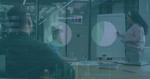 Team presenting data insights on flip chart in boardroom with digital analytics overlay