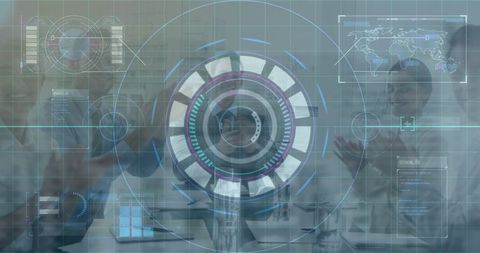 Futuristic data visualization overlay with business professionals
