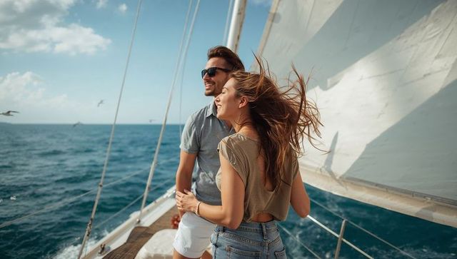 Young Couple Embracing on Sailboat Bow Enjoying Ocean Breeze Smiling During Cruise