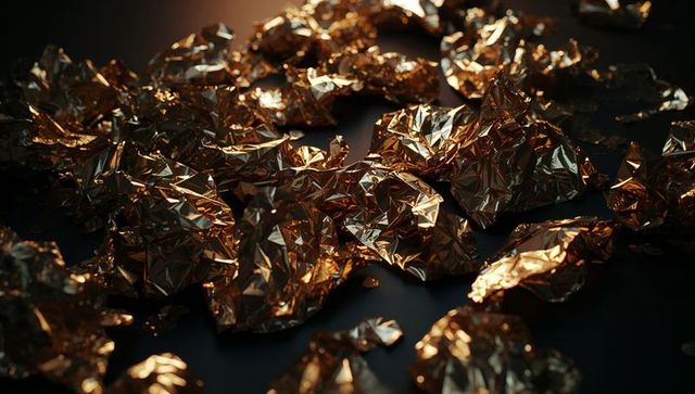 Crumpled metallic foil pieces on dark surface creating abstract pattern