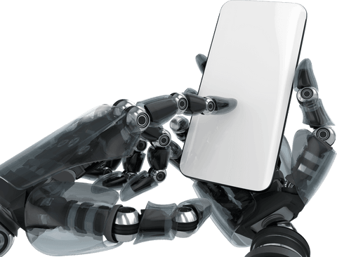 Robotic hands interacting with smartphone on transparent background