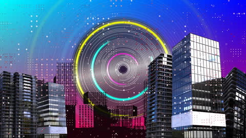 Futuristic Cityscape with Digital Data Processing Display