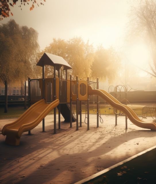 Empty playground bathed in golden morning sun, ideal for concepts of childhood nostalgia, peaceful moments, neighborhood parks, tranquility, and outdoor spaces. Use for blogs, articles about community life, play areas, seasons, and family activities.