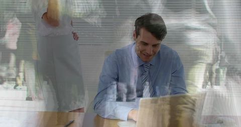 Professional Man Typing on Laptop Blending Urban Life