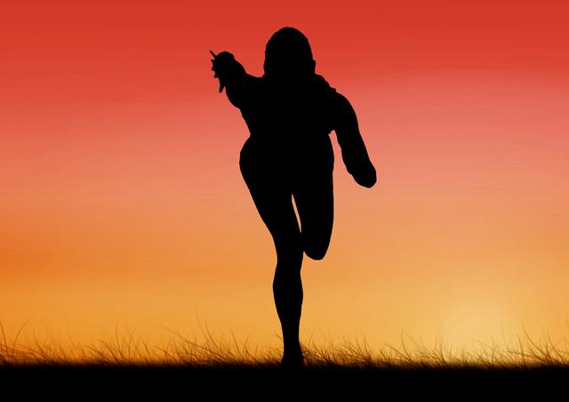 Silhouette of a runner in motion against a vibrant sunset sky. Ideal for use in fitness, sports, and motivational content. Can be used in advertisements, posters, and social media to convey themes of determination, health, and outdoor activities.