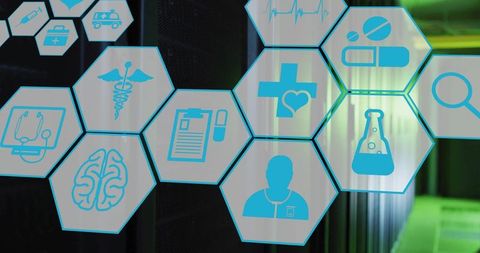 Futuristic healthcare data interface with blue hexagon medical icons over server racks