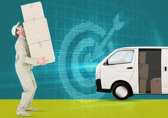 Digital composite image of delivery man holding cardboard boxes