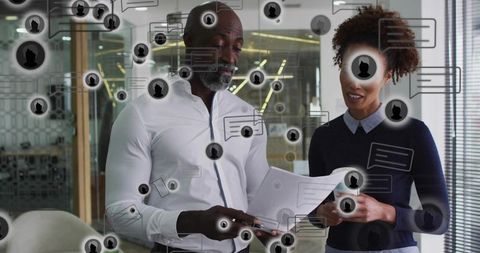 Professionals reviewing documents with digital avatars and interactive collaboration interface