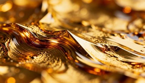 Glossy molten gold waves creating metallic ripples, shimmering texture and bokeh