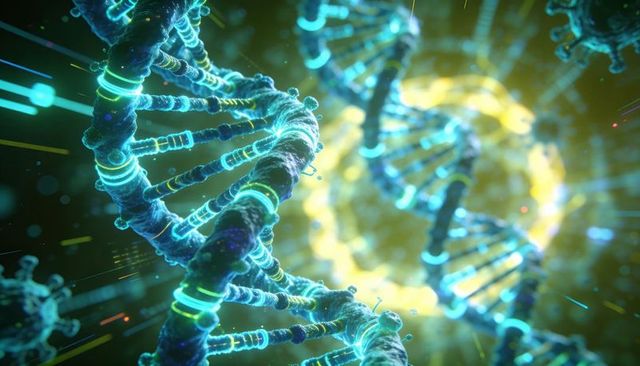 Neon dna helix twisting through glowing golden ring molecular nanotech visualization