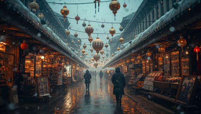 Winter Street Market Illuminated by Festive Lanterns