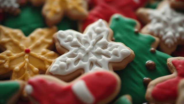 Beautifully decorated iced holiday cookies close-up