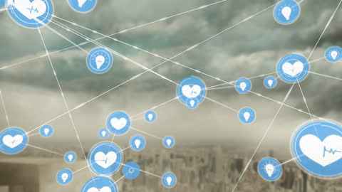 Digital Network Icons Over Cityscape Depicting Technology Concept