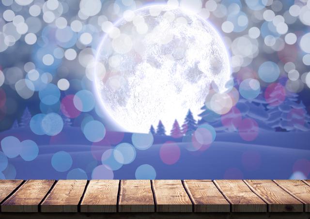 Wooden plank with bokeh background and full moon creates a dreamy and magical atmosphere. Ideal for holiday and festive themes, winter promotions, or as a backdrop for product displays. Perfect for creating greeting cards, advertisements, or social media posts.