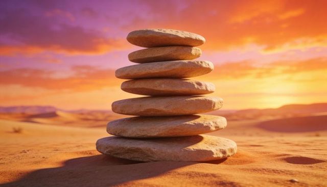 Glowing stone stack balancing on desert sand dunes at sunset