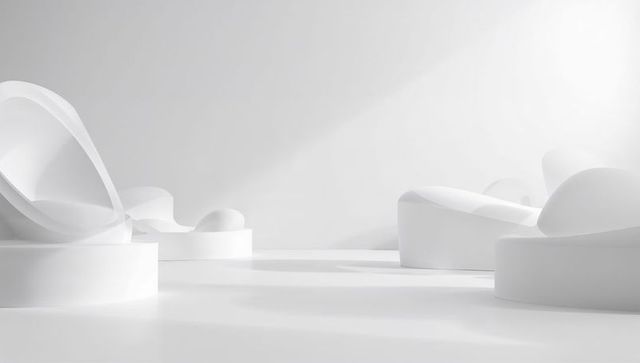 Minimalist monochrome sculpture gallery with rounded pedestals, curved forms, soft shadows