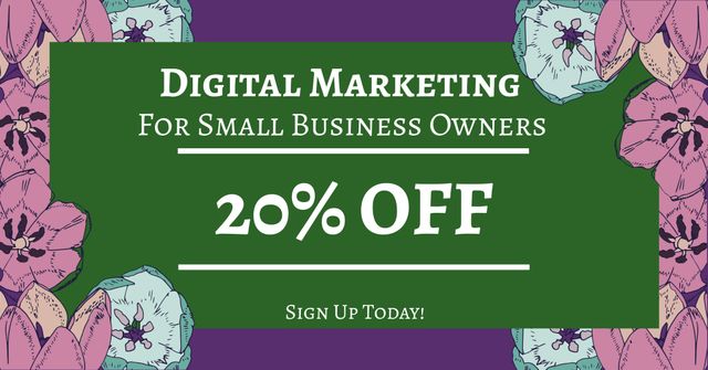 Flyer promoting a 20% discount on digital marketing services for small business owners. Features bright floral elements on a purple background to draw attention. Perfect for promoting marketing services during a sale or special offer period. Can be used in online advertisements, email campaigns, or social media posts to attract small business clients.